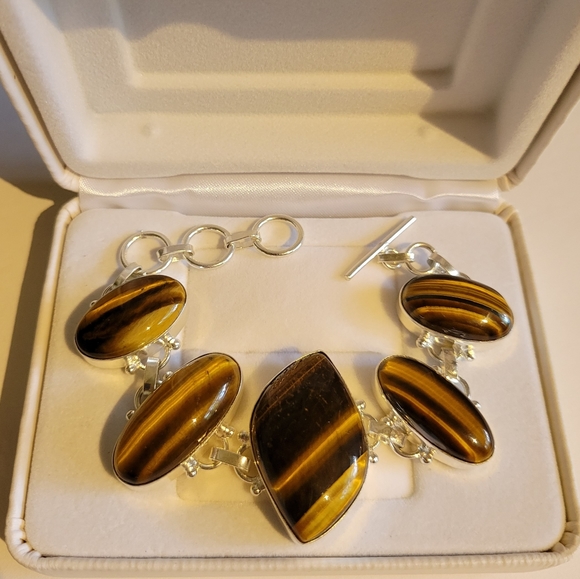 Natural Genuine Tiger's Eye 925 Silver Linked Bracelet - Picture 2 of 14